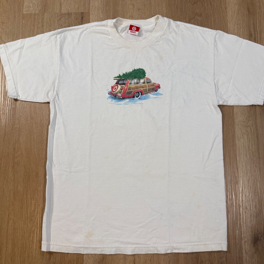 Vintage 2000 Target Christmas Woody Wagon Graphic T-Shirt White Mens Large